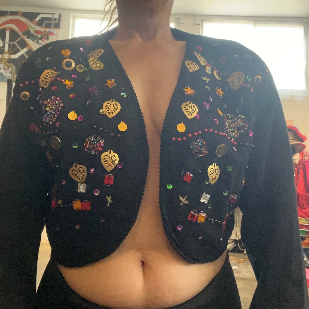 Black and Gold Cropped Blazer with Decorative Badges